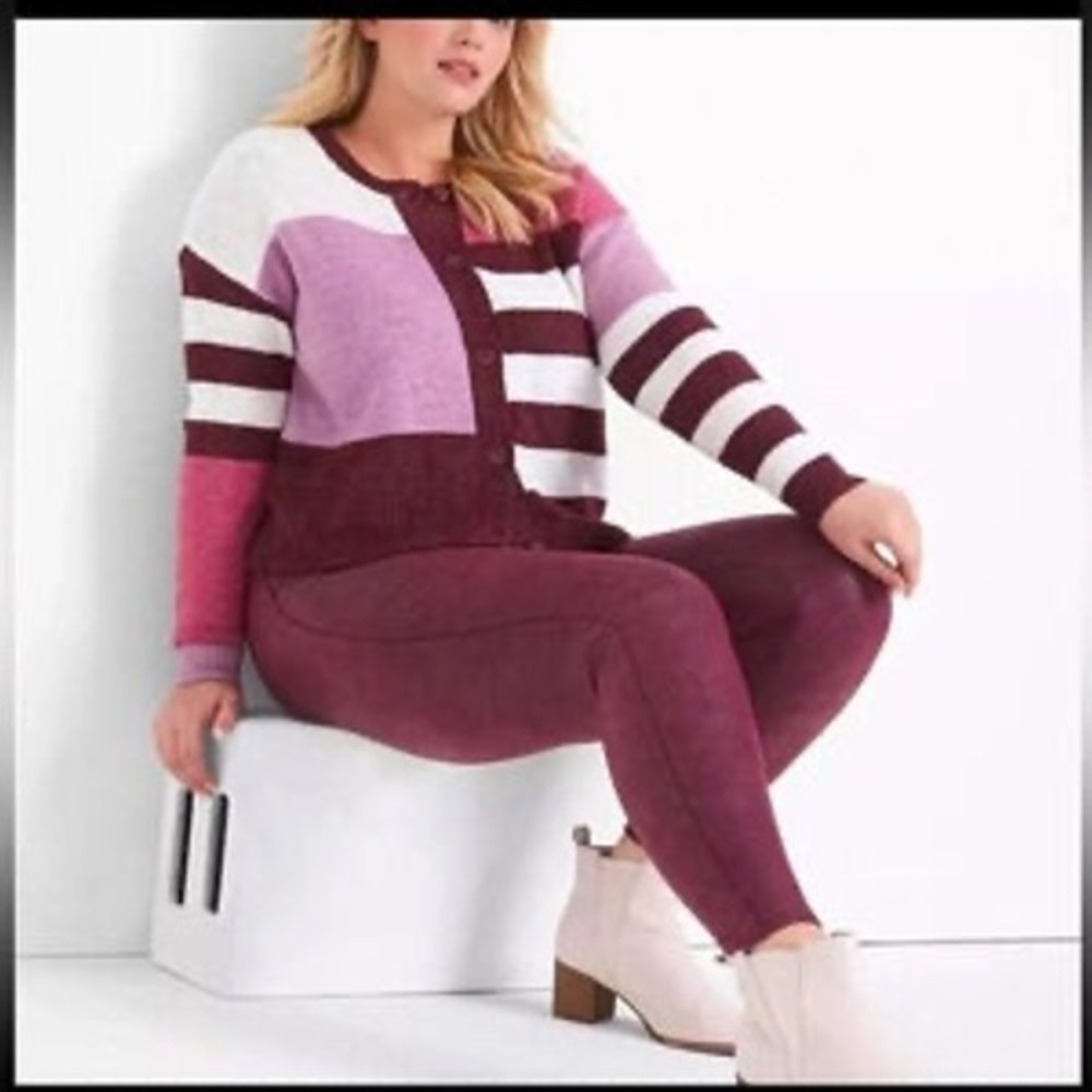 Lane Bryant Colorblock Striped Cardigan Sweater Burgundy Asymmetrical 18/20